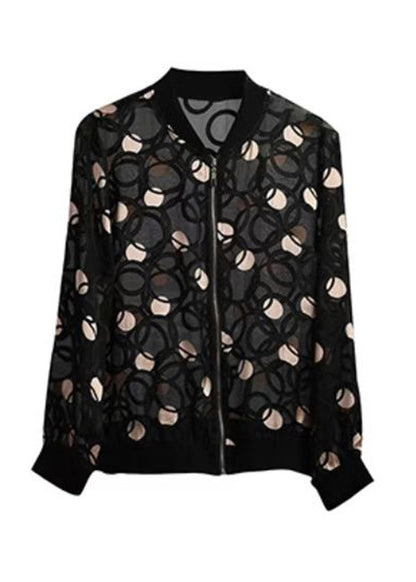 Black V Neck Print Zippered Silk Upf 50+ Coat Long Sleeve
