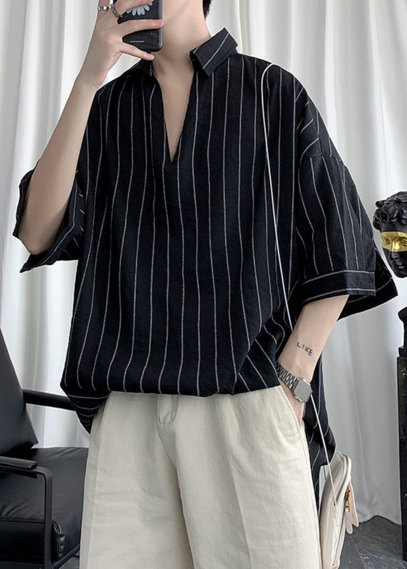 Black V Neck Striped Cotton Shirts Summer