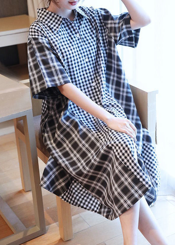 Black White Plaid Peter Pan Collar Button Shirts Dresses Half Sleeve