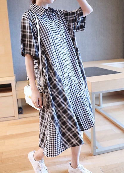Black White Plaid Peter Pan Collar Button Shirts Dresses Half Sleeve