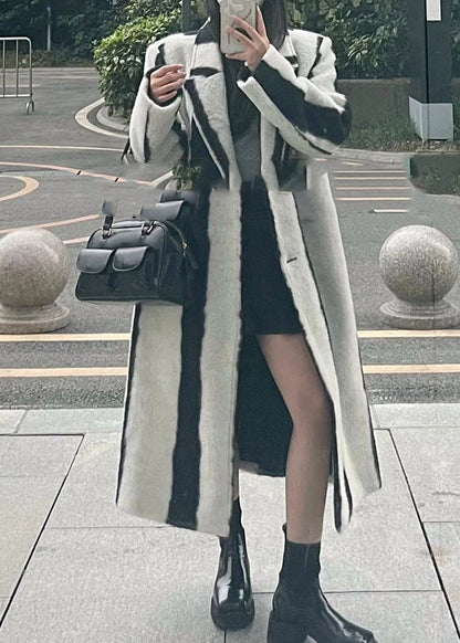 Black White Striped Notched Button Woolen Maxi Coats Winter
