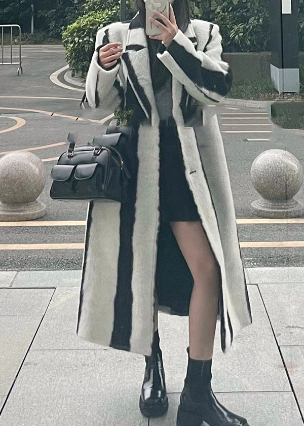 Black White Striped Notched Button Woolen Maxi Coats Winter