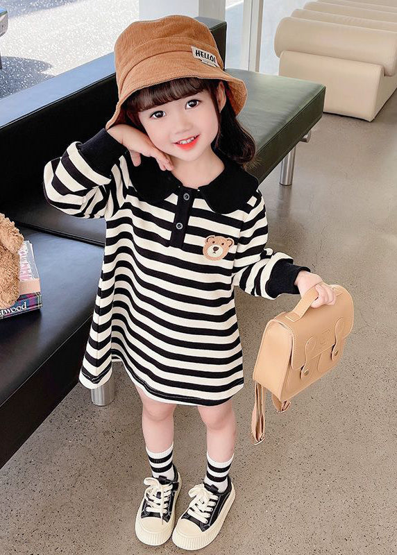 Black White Striped Peter Pan Collar Print Kids Mid Dress Fall