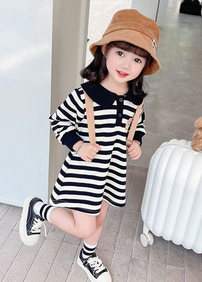 Black White Striped Peter Pan Collar Print Kids Mid Dress Fall