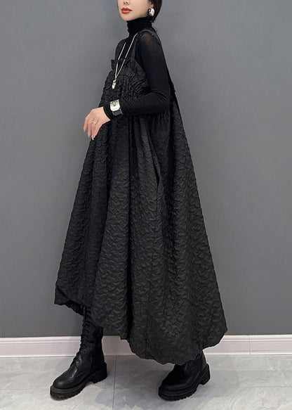 Black Wrinkled Pockets Patchwork Cotton Carpenter Dresses Fall