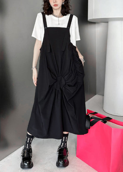 Black Wrinkled Pockets Patchwork Cotton Long Dresses Sleeveless