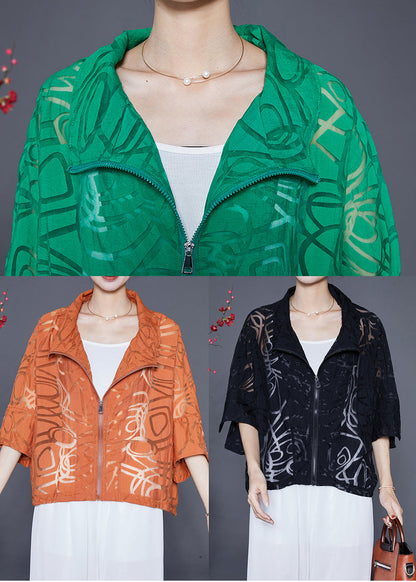 Black Zip Up Hollow Out Cotton Coat Outwear Summer