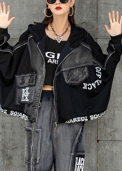 Black Zippered Patchwork Bat Wing Sleeve Fall Hoodies Outwear