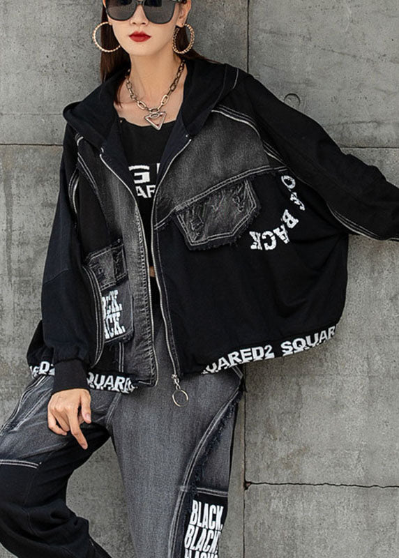Black Zippered Patchwork Bat Wing Sleeve Fall Hoodies Outwear