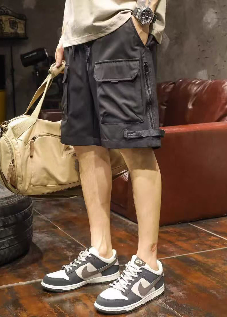Black Zippered Pockets Elastic Waist Cotton Shorts Summer