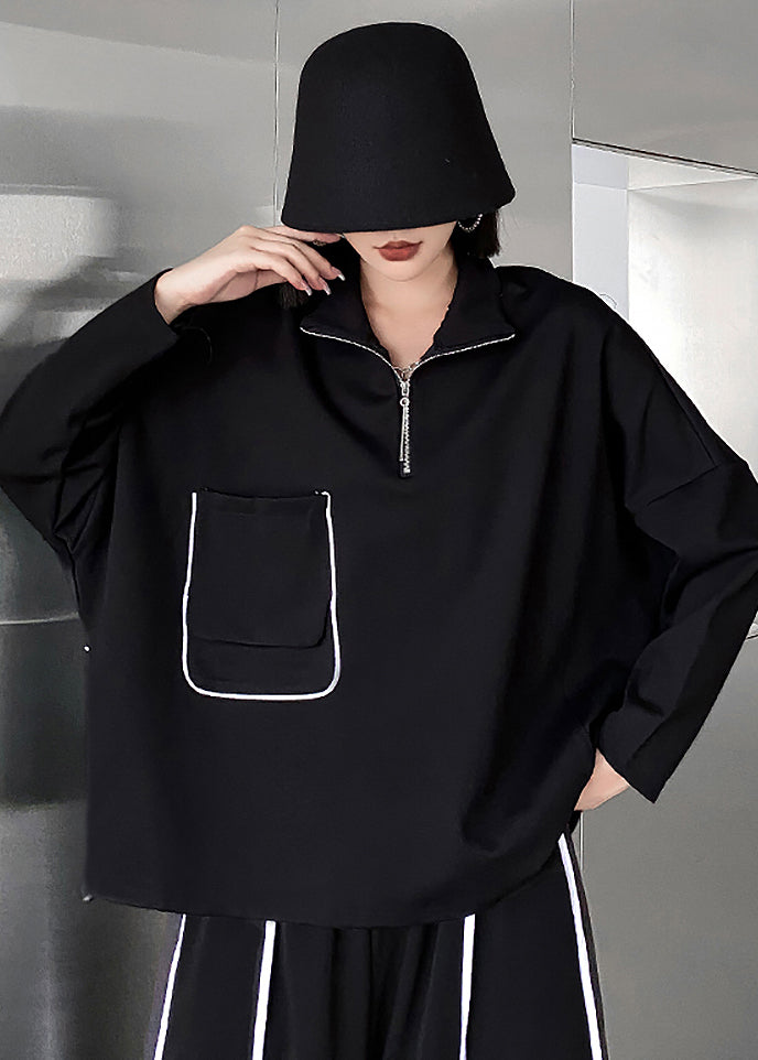 Black Zippered Pockets Patchwork Cotton Sweatshirt Fall
