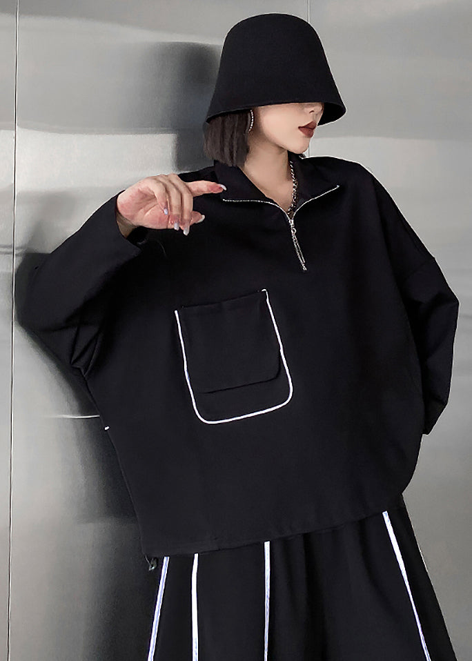 Black Zippered Pockets Patchwork Cotton Sweatshirt Fall