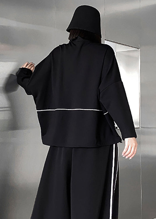 Black Zippered Pockets Patchwork Cotton Sweatshirt Fall
