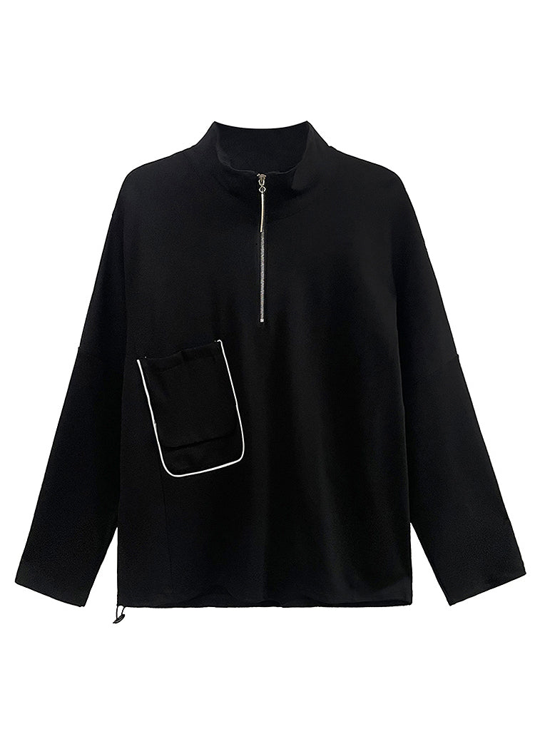 Black Zippered Pockets Patchwork Cotton Sweatshirt Fall