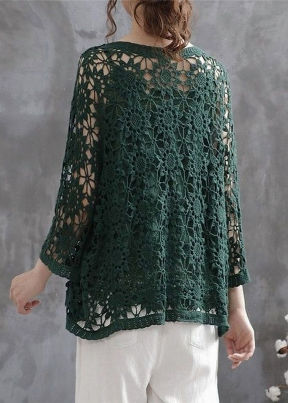 Blackish Green Hollow Out Patchwork Knitting Cotton Cardigan Fall