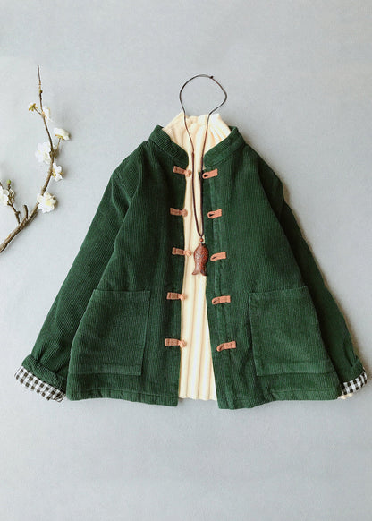 Blackish Green O-neck Pockets Thick Corduroy Parka Winter