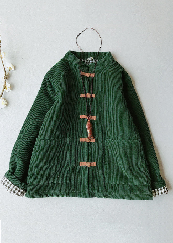 Blackish Green O-neck Pockets Thick Corduroy Parka Winter