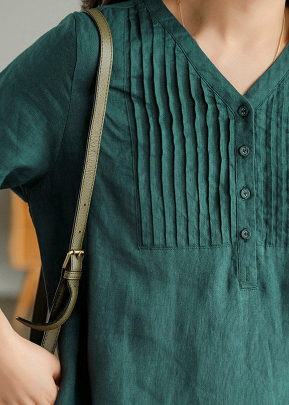 Blackish Green V Neck Linen Vacation Dresses Half Sleeve