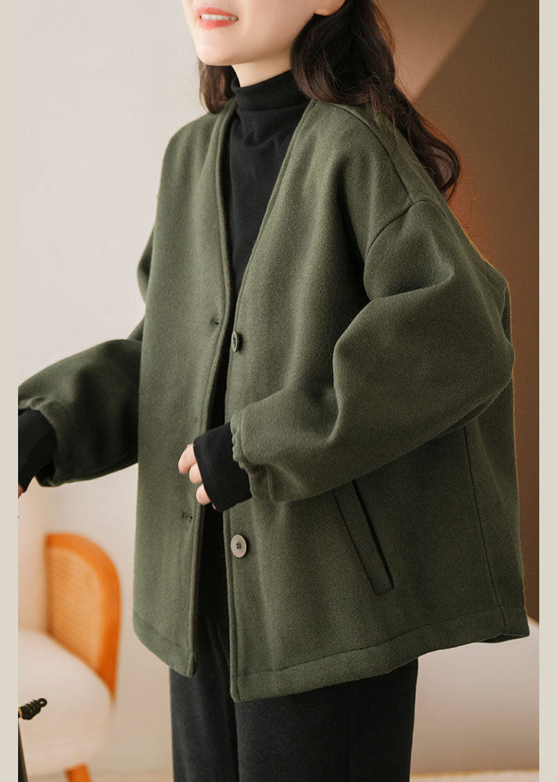Blackish Green V Neck Pockets Woolen Jackets Winter