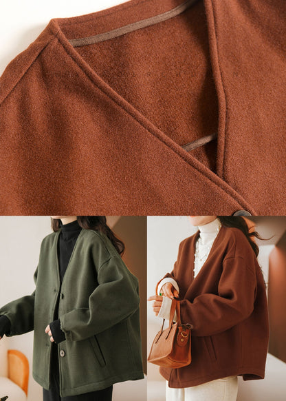 Blackish Green V Neck Pockets Woolen Jackets Winter