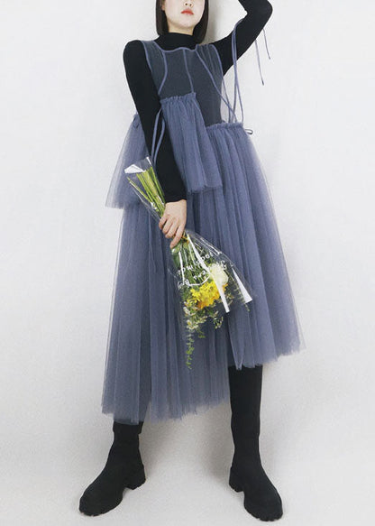Blue Asymmetrical Design Tulle Robe Dresses Long Smock Summer