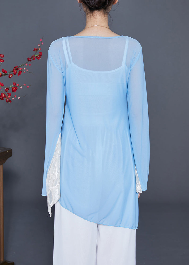 Blue Asymmetrical Patchwork Butterfly Chiffon Upf 50+ Top Summer