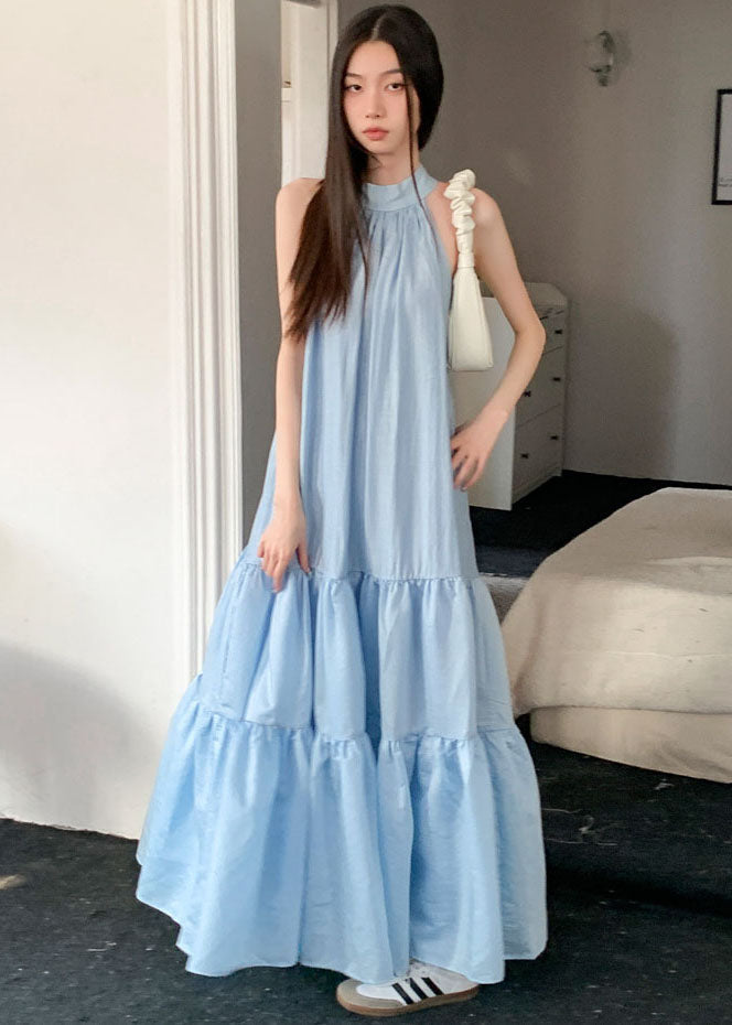 Blue Cold Shoulder Bow Patchwork Exra Large Hem Cotton Beach Dresses Summer