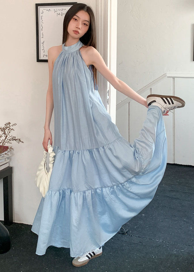 Blue Cold Shoulder Bow Patchwork Exra Large Hem Cotton Beach Dresses Summer