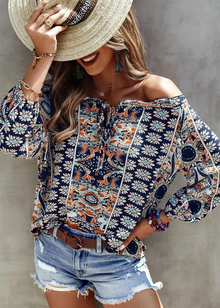 Casual Blue Cold Shoulder Print Cotton Blouse Top Long Sleeve