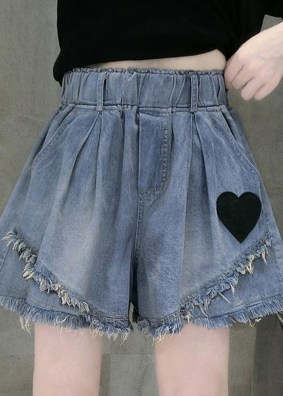 Blue Elastic Waist Love Patchwork Shorts Jeans Summer