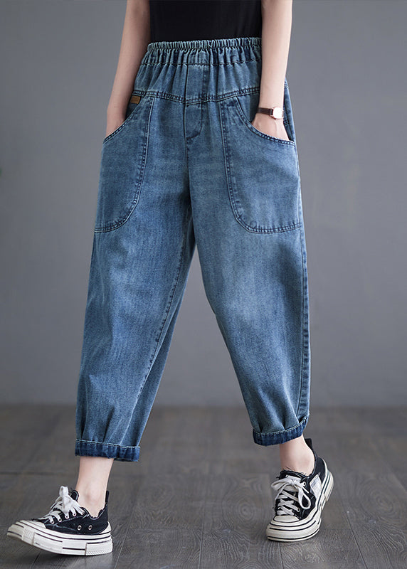 Blue Elastic Waist Pockets Denim Harem Pants Summer