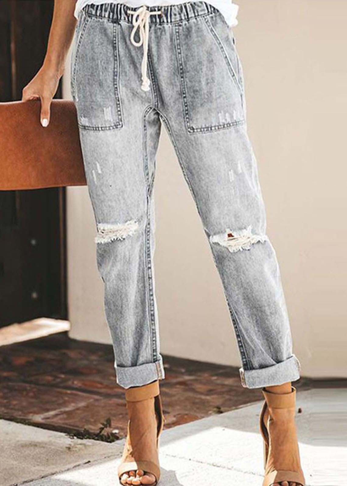 Blue Elastic Waist Ripped Denim Harem Pants Summer