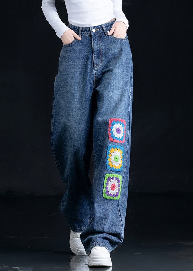 Blue Embroidered Pockets Denim Straight Pants Fall