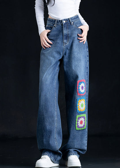 Blue Embroidered Pockets Denim Straight Pants Fall