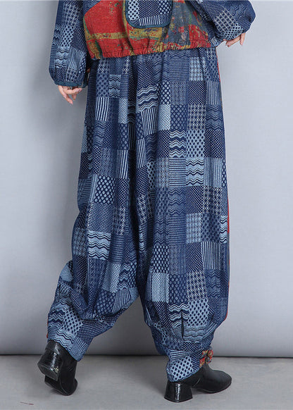 Blue Embroidered Pockets Patchwork Cotton Pants Spring