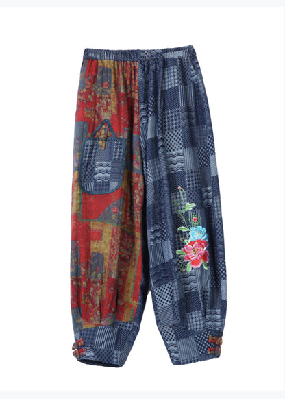 Blue Embroidered Pockets Patchwork Cotton Pants Spring