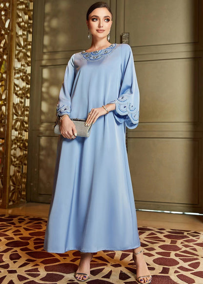 Blue Embroideried Nail Bead Chiffon Vacation Long Dresses Long Sleeve
