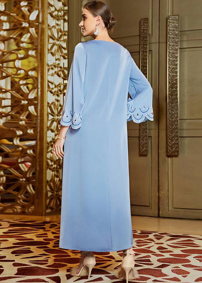 Blue Embroideried Nail Bead Chiffon Vacation Long Dresses Long Sleeve