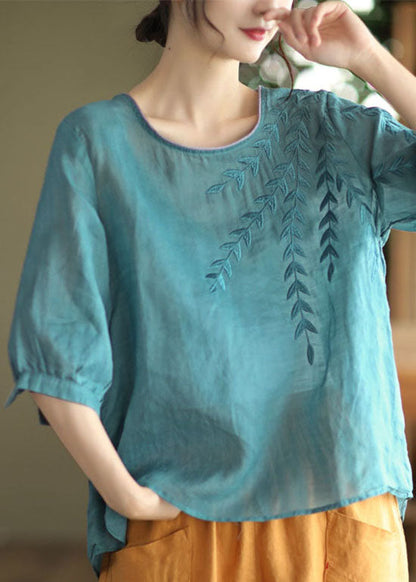 Blue Embroideried Patchwork Cotton T Shirt Half Sleever