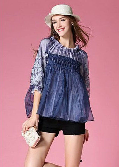 Blue Embroideried Wrinkled Organza Blouses Half Sleeve