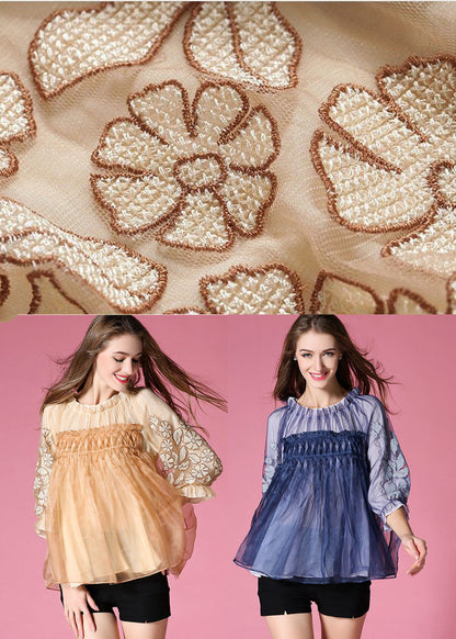 Blue Embroideried Wrinkled Organza Blouses Half Sleeve