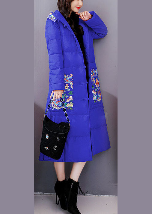 Blue Embroideried Hooded Fine Cotton Filled Parkas Winter
