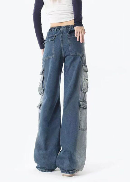 Blue Gradient Pockets Drawstring Elastic Waist Denim Pants Spring