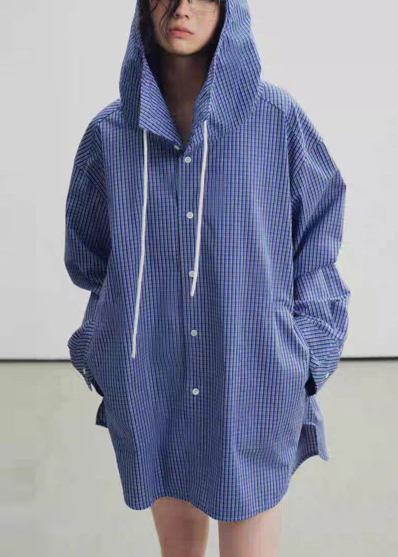 Blue Hooded Plaid Cotton Trench Spring