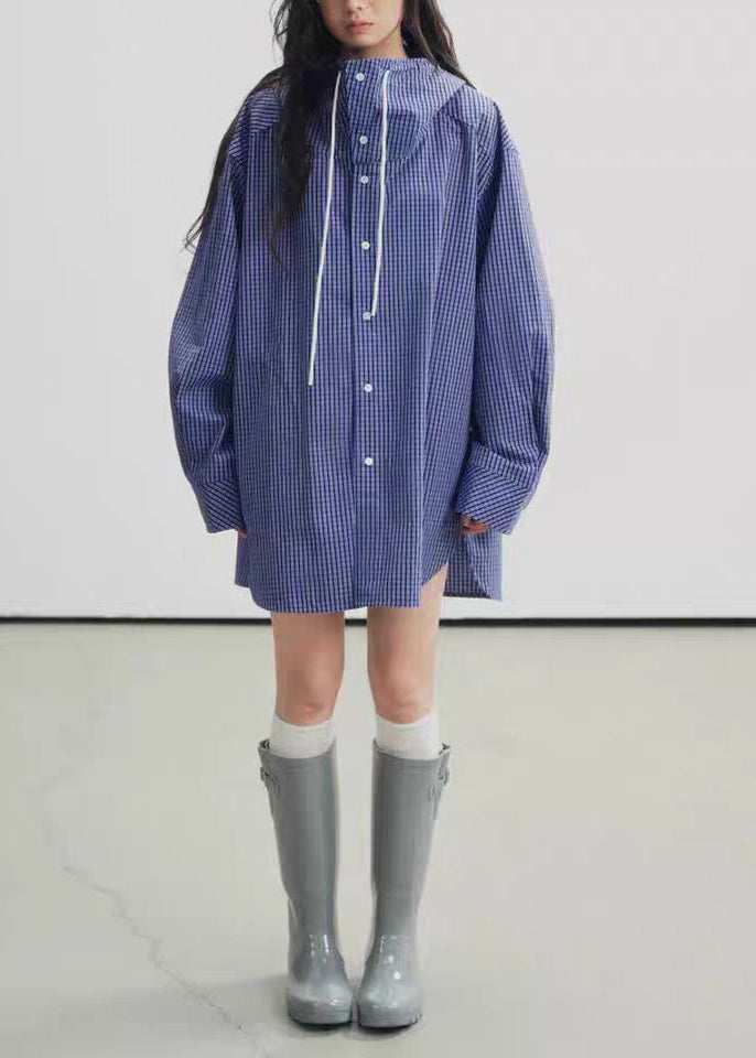 Blue Hooded Plaid Cotton Trench Spring