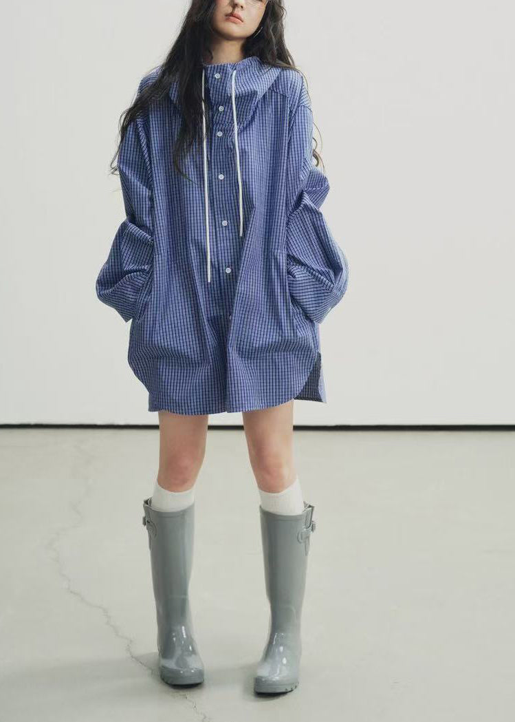Blue Hooded Plaid Cotton Trench Spring
