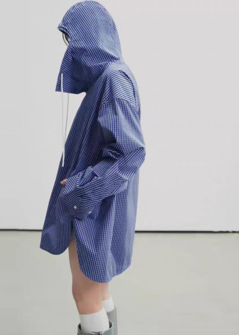 Blue Hooded Plaid Cotton Trench Spring