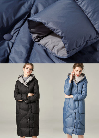 Blue Hooded Pockets Duck Down Down Coat Winter