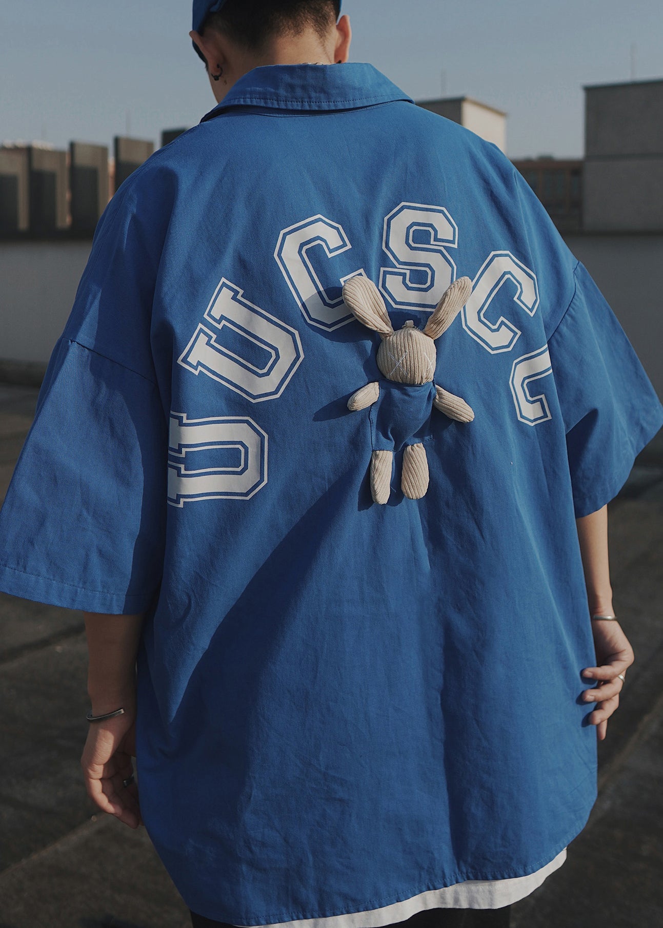 Blue Letter Oversized Patchwork Cotton T Shirts Half Sleeve