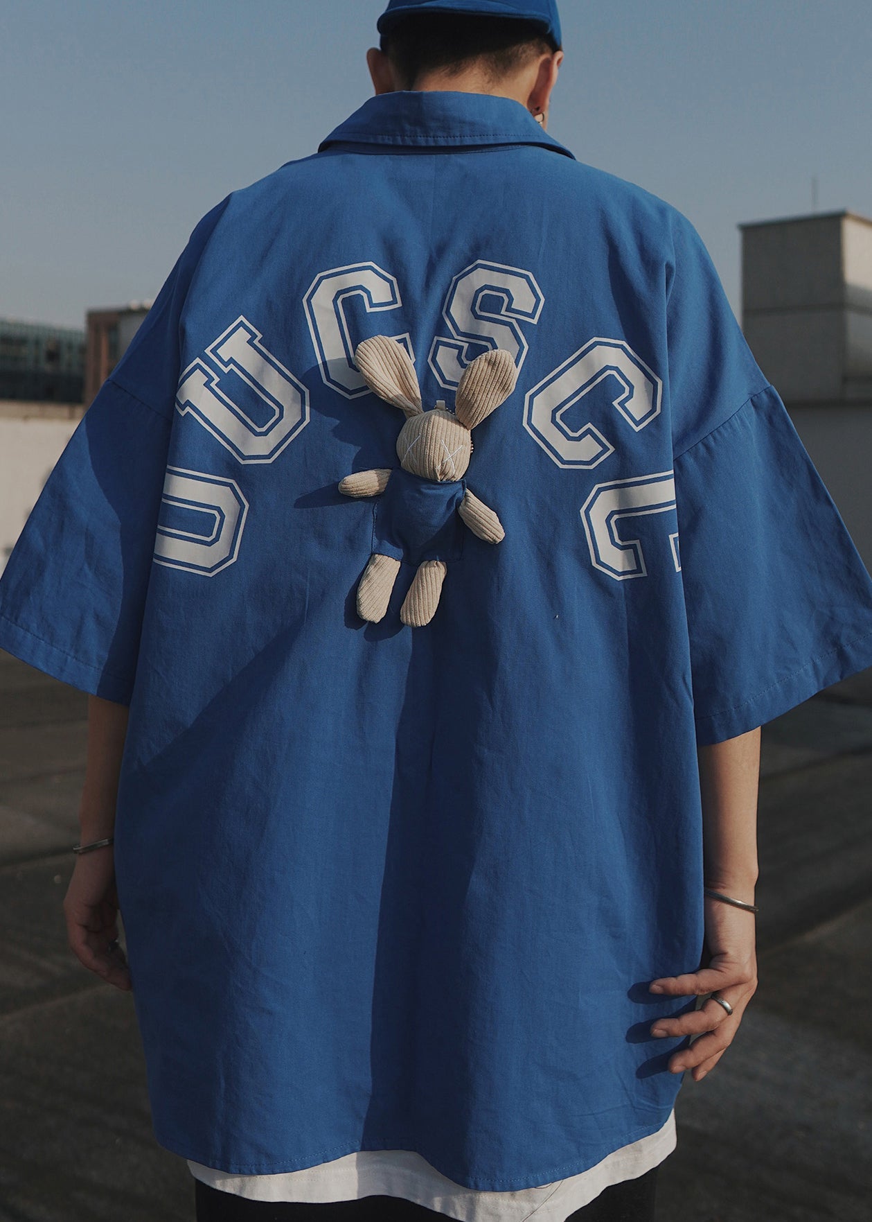 Blue Letter Oversized Patchwork Cotton T Shirts Half Sleeve